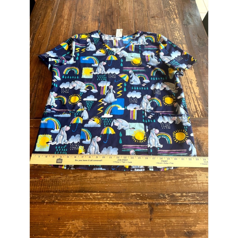 Disney Scrubstar Scrub Top Womens XL Multicolor Eeyore Print V Neck Medical - Picture 2 of 9